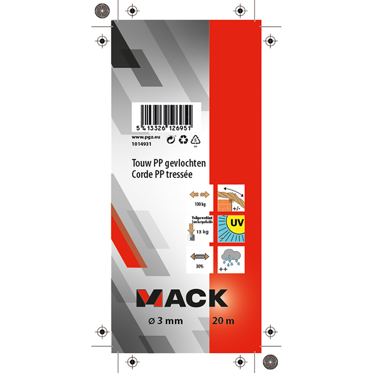 Mack 1014931 - pp gevlochten wit blauw streng3mm 20m | 5 stuks
