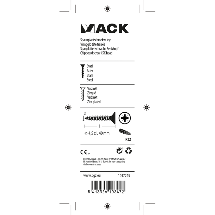 Mack 1017245 - spaanplaatschroef vz kop geelverz.15 st 4,5 x 40 mm | 10 stuks