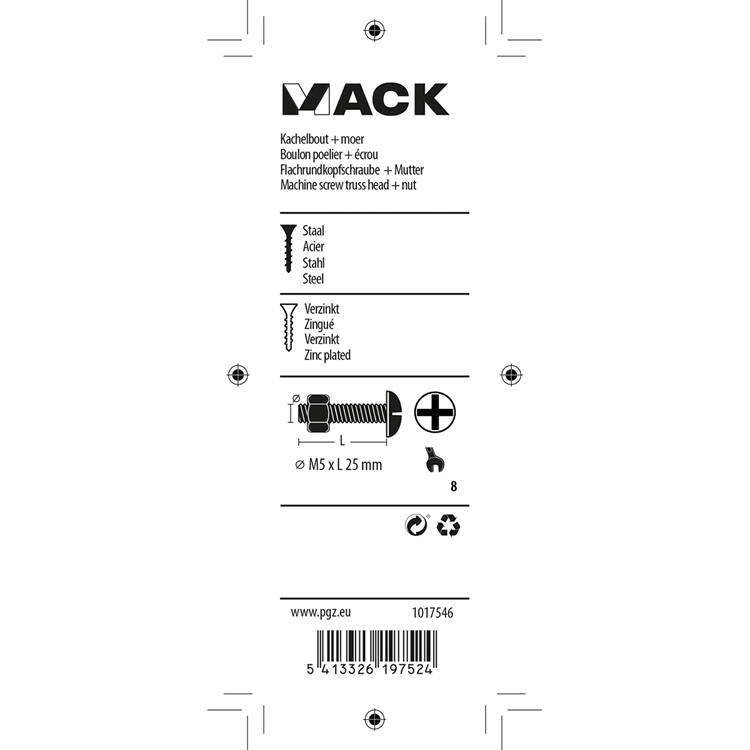 Mack 1017546 - kachelbout + moer staal verzinkt 14 st m5 x 25 mm | 5 stuks