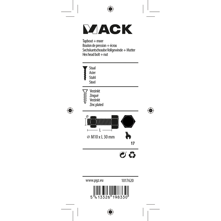 Mack 1017620 - tapbout + moer staal verzinkt 3 st m10 x 30 mm | 5 stuks