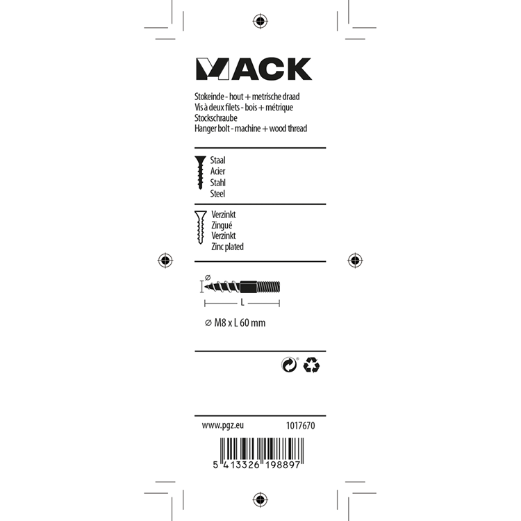 Mack 1017670 - stokeinde hout + metr. draad verz. 4 st m8x60 | 10 stuks