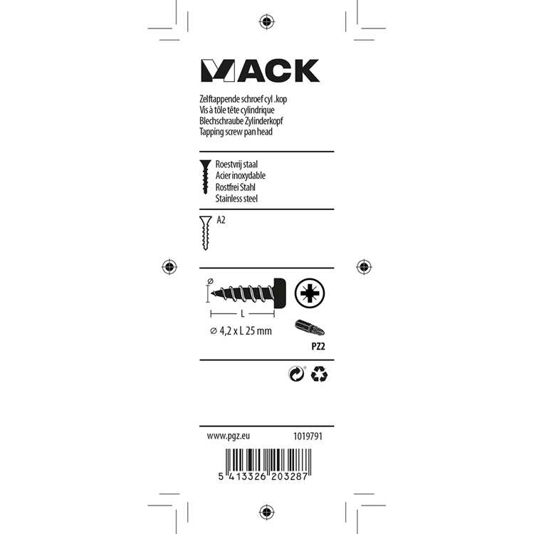 Mack 1019791 - zelftappende schroef cyl.kop a2 9 st 4,2 x 25 mm | 10 stuks
