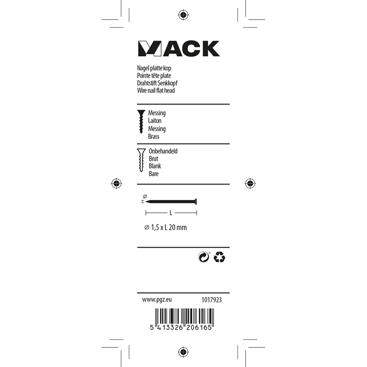 Mack 1017923 - nagel platte kop messing 100gr1,5 x 20 mm | 5 stuks