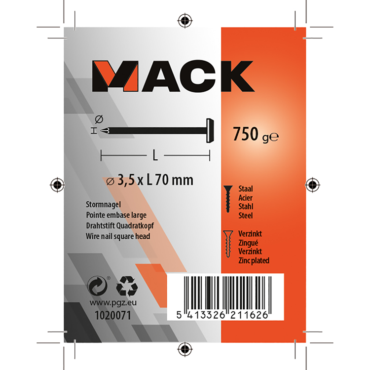 Mack 1020071 - bouwplaatnagel verzinkt 750gr 3,5 x 70 mm | 5 stuks