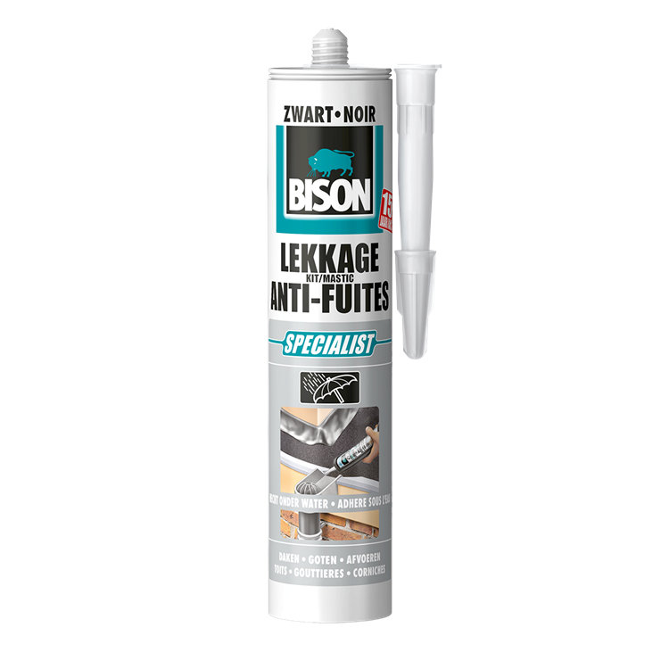 Bison lekkagekit zwart koker 300 ml, elastische afdichtingskit, wateridchte reparaties, voegen en scheuren op en rondom het dak, makkelijk aan te brengen kit