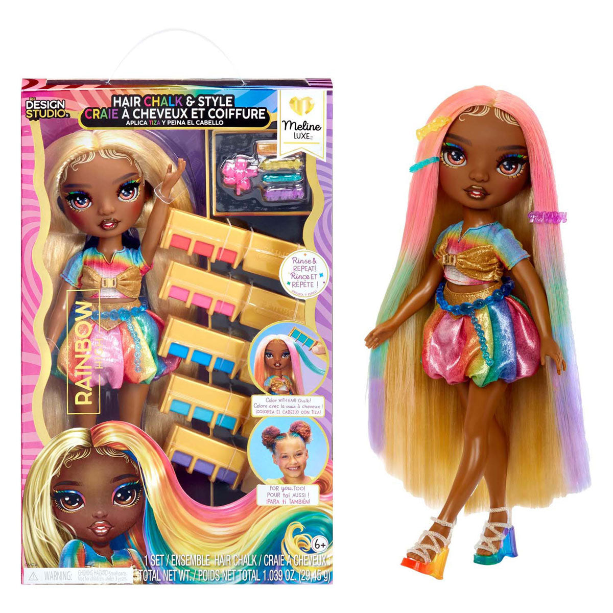 Mga Entertainment Regenbogen-High-Fashion-Puppe mit Haarkreide – Meline Gold