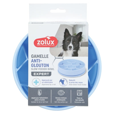 Zolux voerbak hond slow feed met zuignappen silicone blauw