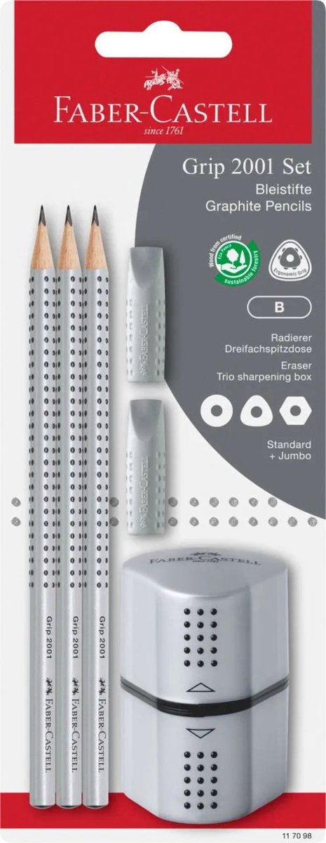 Faber-Castell Faber-Castell Graphitstift-Set – Griff 2001 – Härtegrad HB – inklusive Bleistiftspitzer und 2 Radierkappen – 3 Stück auf Blisterkarte – FC-117098
