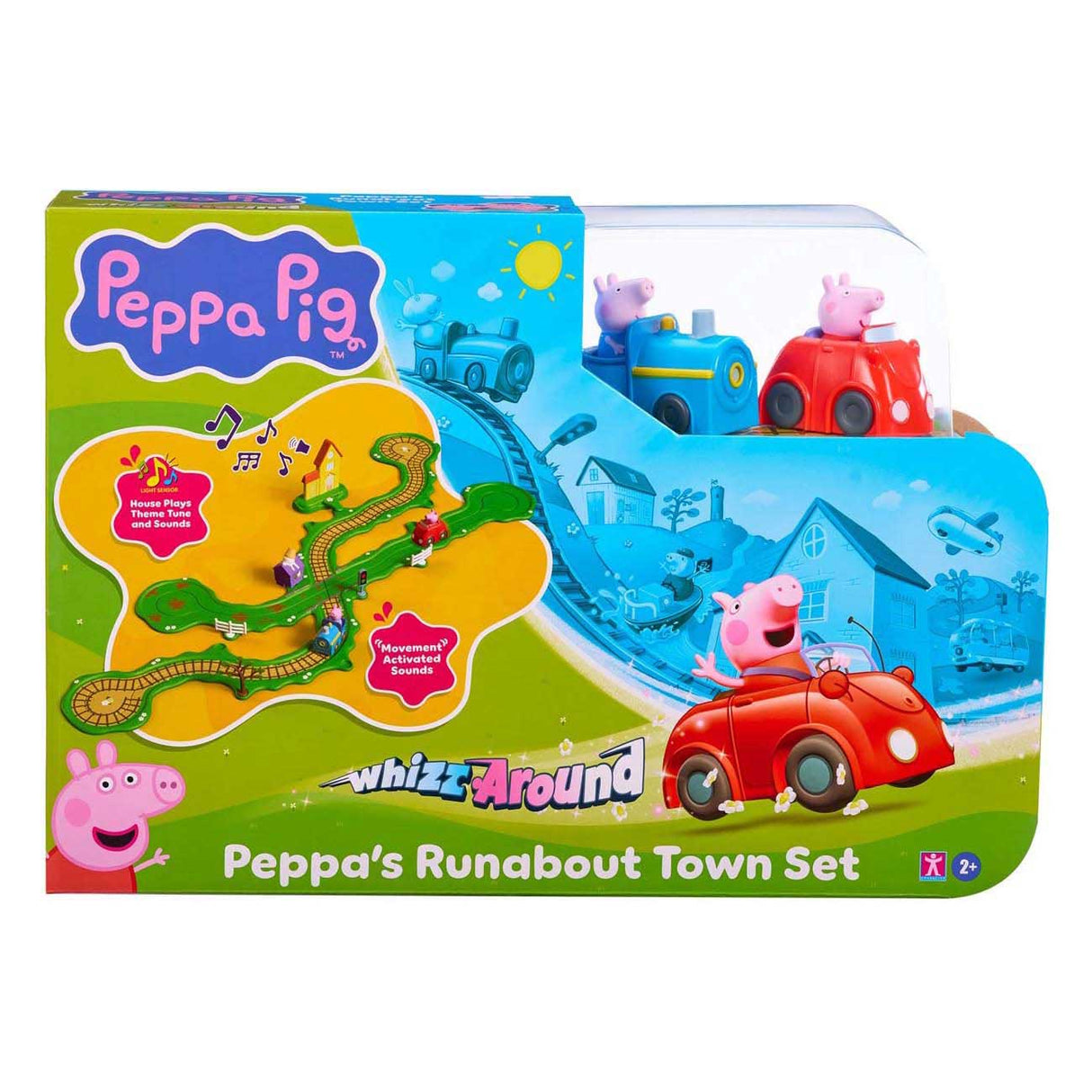 Gear2play Peppa Pig Whiz Around – Spielset „Peppas Ringstraße durch die Stadt“ – Modulare Strecke für herumflitzende Fahrzeuge – interaktiv mit Musik und Sound