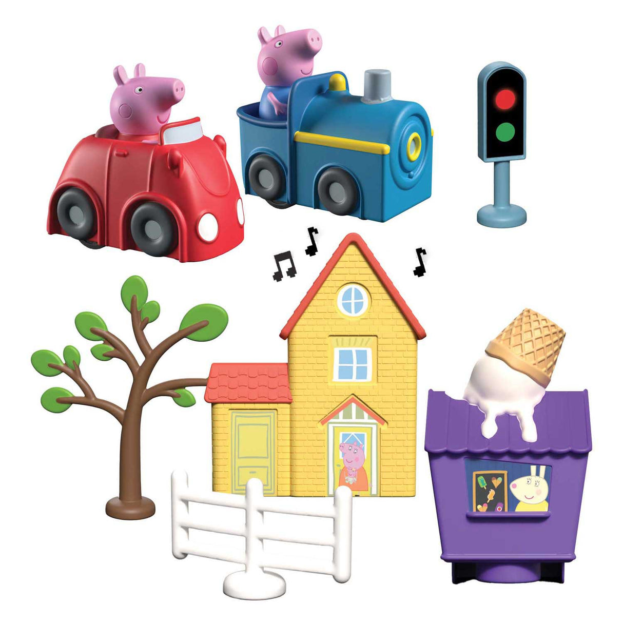 Gear2play Peppa Pig Whiz Around – Spielset „Peppas Ringstraße durch die Stadt“ – Modulare Strecke für herumflitzende Fahrzeuge – interaktiv mit Musik und Sound