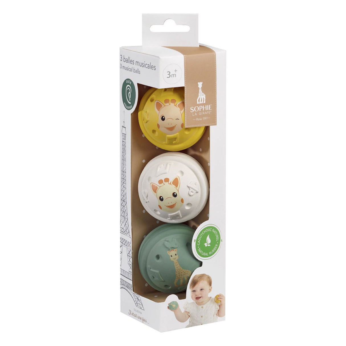 Sophie die Giraffe Musikspielzeug – 5-Sinne-Kollektion – Spielzeugball – Babyspielzeug – 100 % Naturkautschuk – ok-biobasiert – ab 3 Monaten – gelb weiß grün – 3 Stück