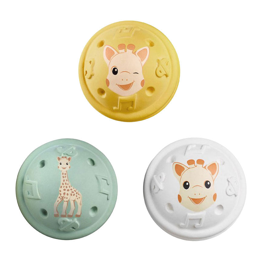 Sophie die Giraffe Musikspielzeug – 5-Sinne-Kollektion – Spielzeugball – Babyspielzeug – 100 % Naturkautschuk – ok-biobasiert – ab 3 Monaten – gelb weiß grün – 3 Stück