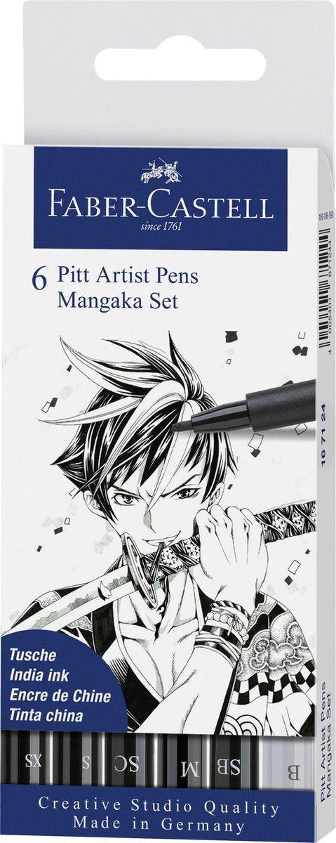 Faber Castell FC-167124 Zeichenstift Faber-Castell Pitt Artist Pen Mangaka 6-teiliges Federmäppchen Schwarz