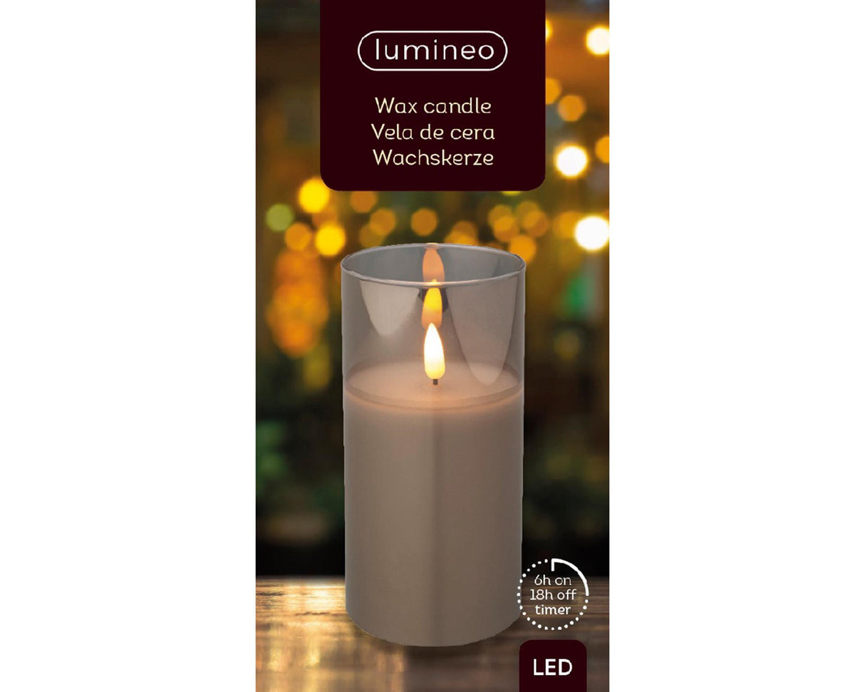 Lumineo led kaars in glas voor binnen met vlameffect en timer dia7,5x15cm rook grijs