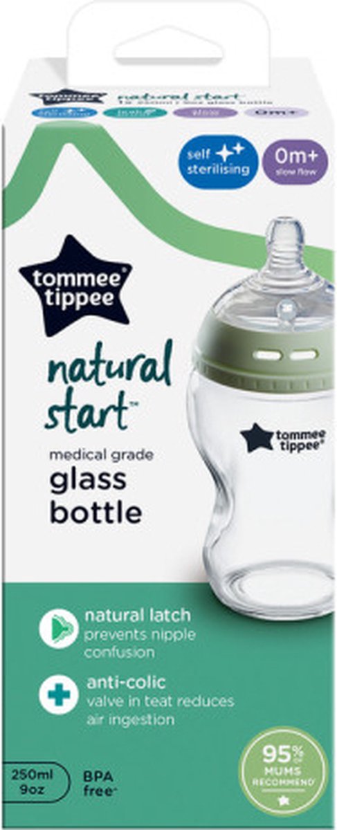 Tommee Tippee Natural Start Glas-Babyflasche – Set mit 1 x 250 ml Babyflasche – niedrige Durchflussrate 0 m+