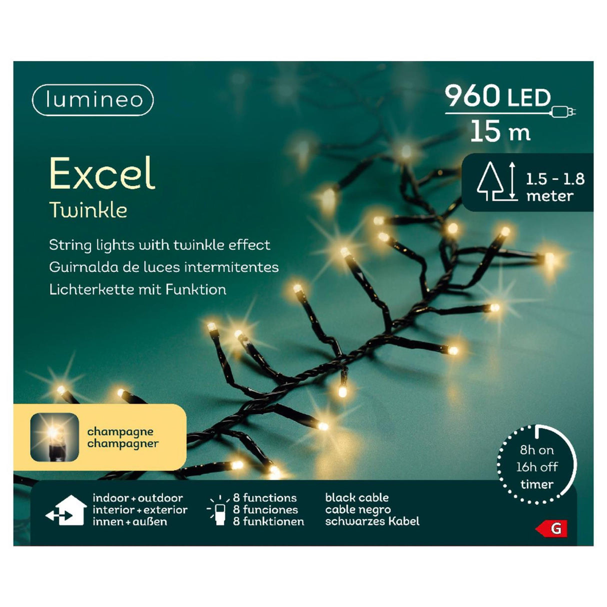 Lumineo Weihnachtsbeleuchtung Excel Twinkle 15 Meter 960 Lampen Champagner für drinnen und draußen