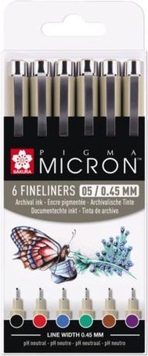 Sakura Pigma Micron 05 Federmäppchen mit 6 Grundfarben