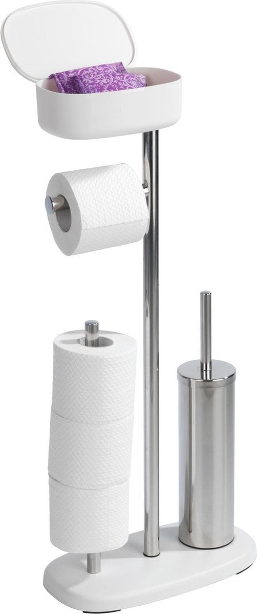 Wenko Toilettenbutler Rivazza Edelstahl weiß – Toilettenbürste mit Halter, Toilettenpapierhalter, Ersatzrollenhalter und Aufbewahrungsbox weiß – freistehend