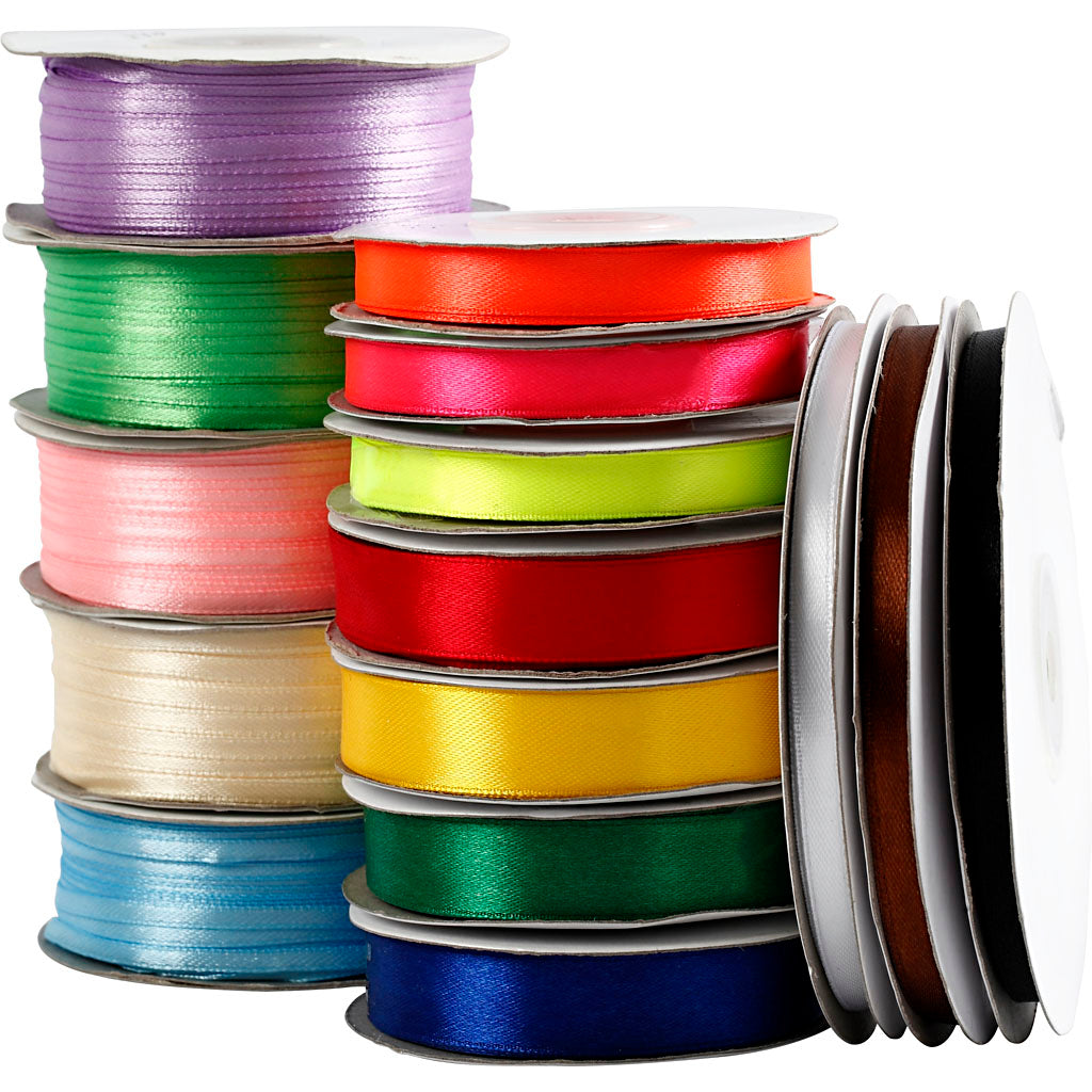 Creativ Company Satinband, B: 3-19 mm, verschiedene Farben, 15 Rollen 1 Karton