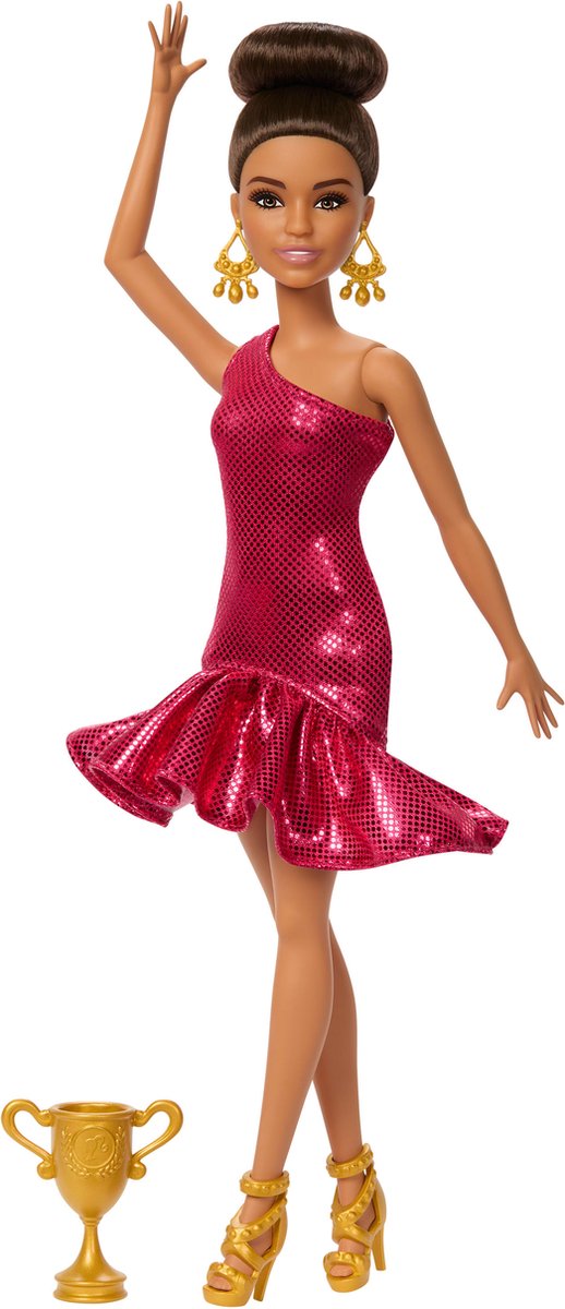 Barbie-Mattel-Gesellschaftstänzerin-Puppe mit Accessoires und goldenen Details.