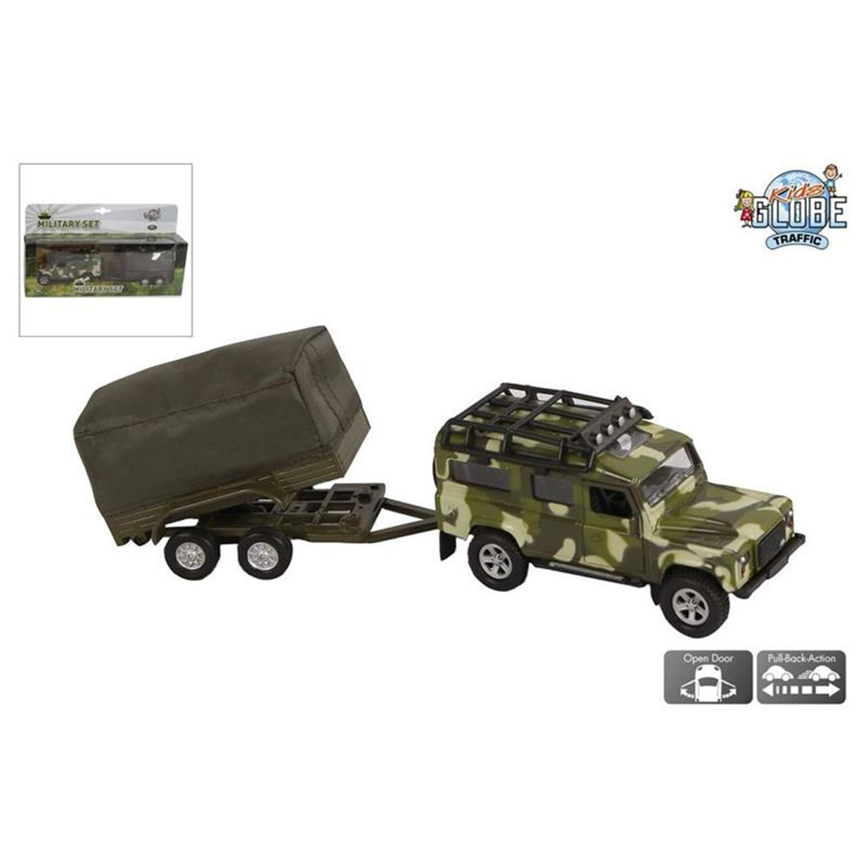 Kinderglobus Land Rover mit Militäranhänger