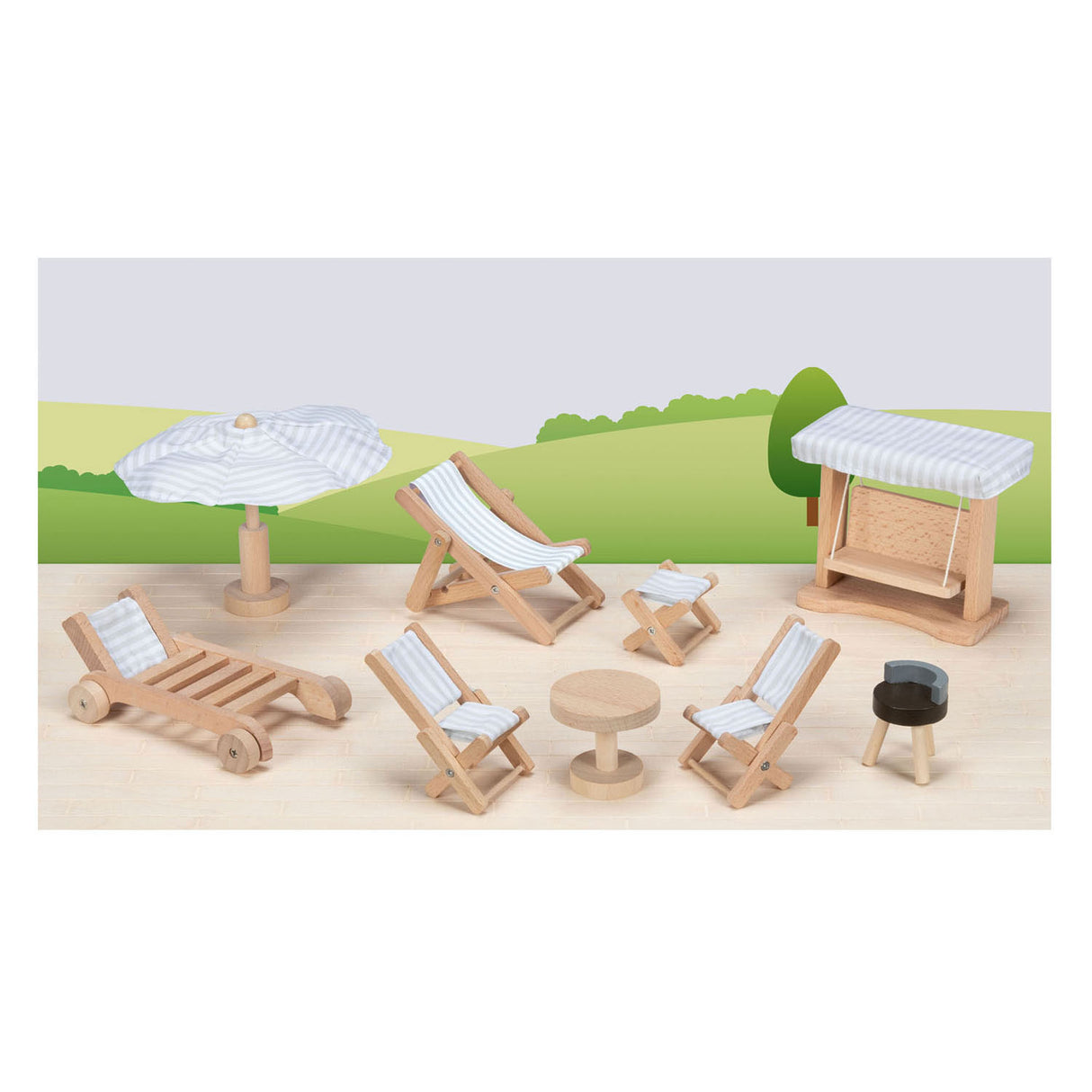 Goki Puppenhausmöbel: Gartenmöbel, 9-teilig, Schaukel H10,5cm, Holz und Textil, 3+
