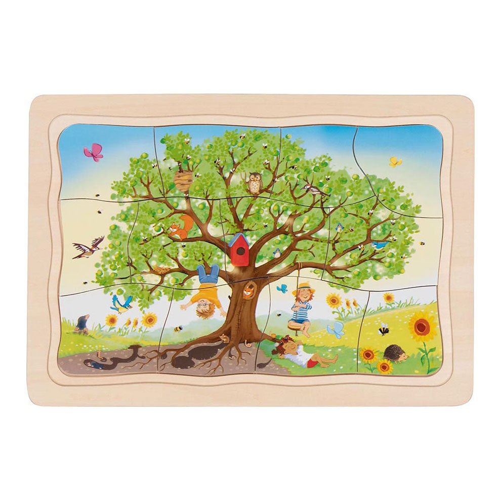 Goki-Puzzle – Die Jahreszeiten des Apfelbaums – 47 Teile – 4 Schichten – 28,5 x 20 x 1,5 cm – Holz – 3+