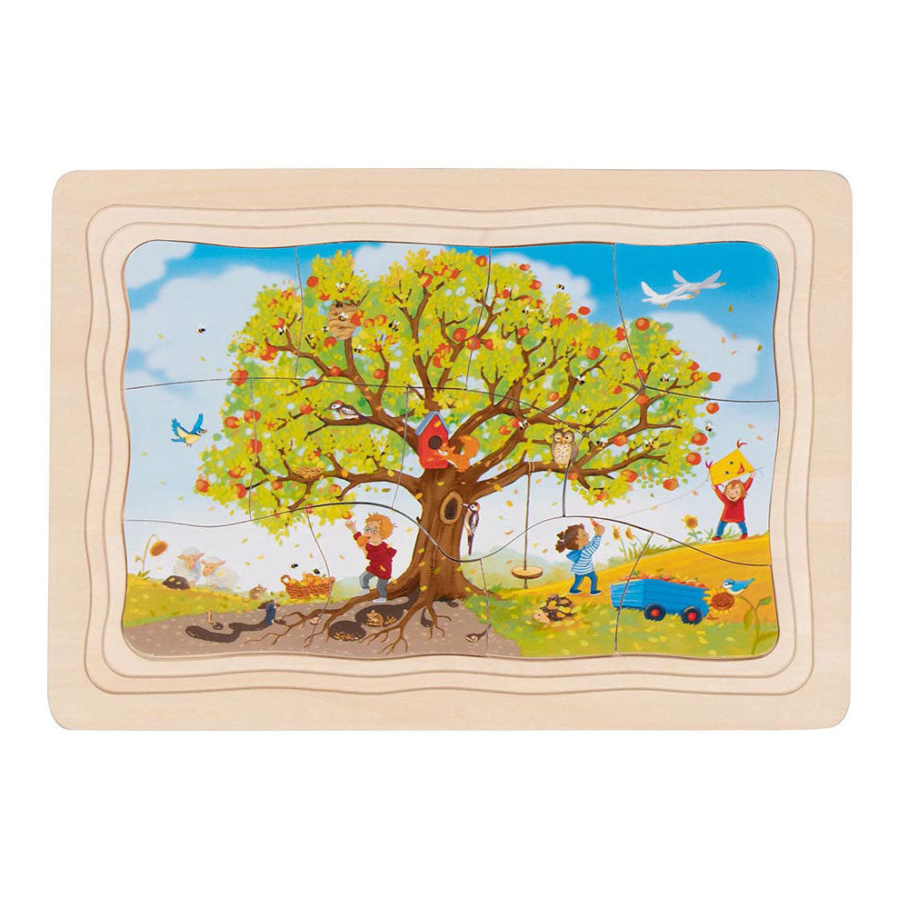 Goki-Puzzle – Die Jahreszeiten des Apfelbaums – 47 Teile – 4 Schichten – 28,5 x 20 x 1,5 cm – Holz – 3+