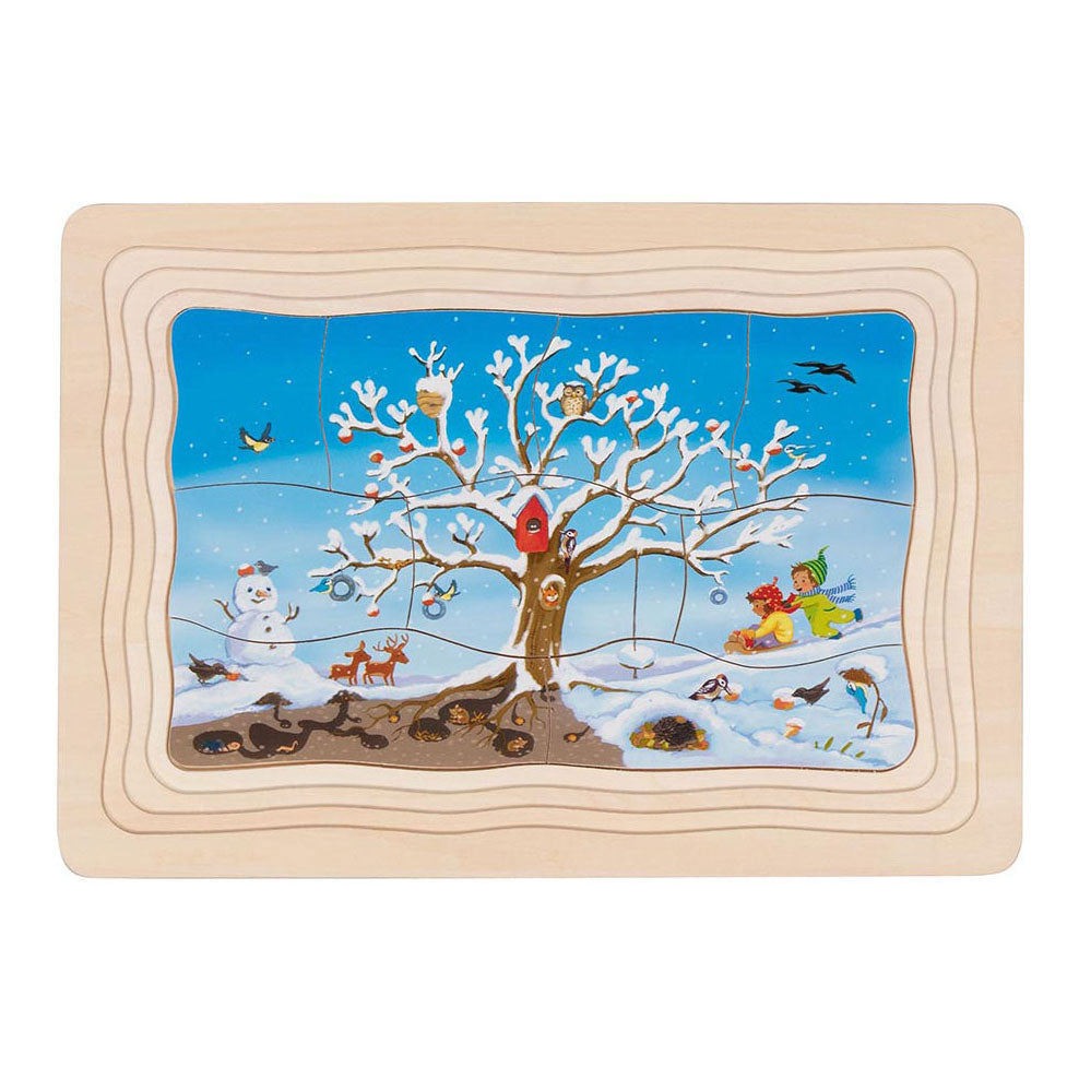 Goki-Puzzle – Die Jahreszeiten des Apfelbaums – 47 Teile – 4 Schichten – 28,5 x 20 x 1,5 cm – Holz – 3+
