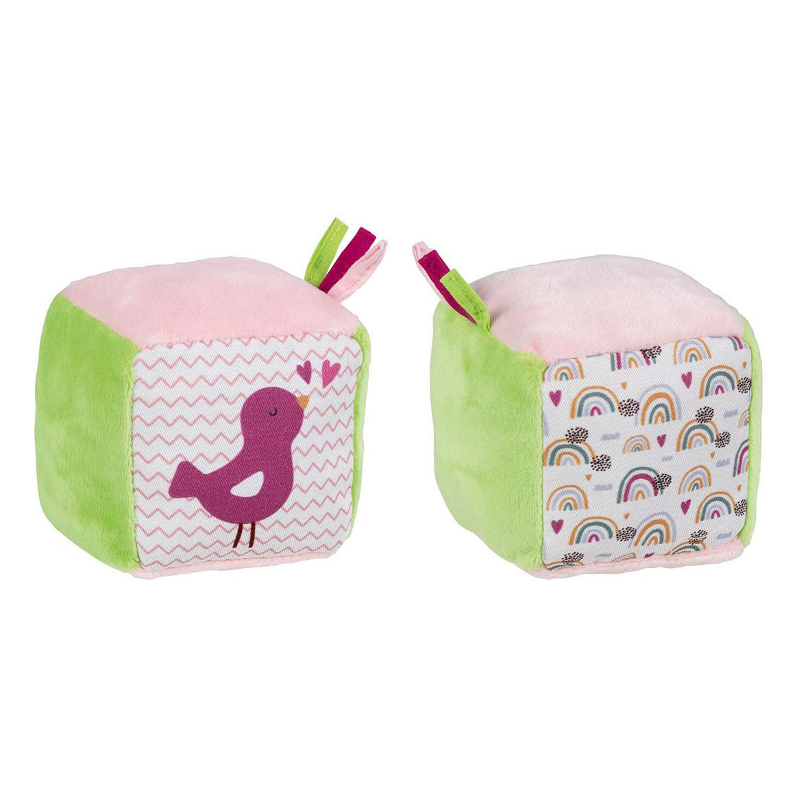 Goki Soft Cube Babyspielzeug mit Knisterfolie und Glockenvogel.