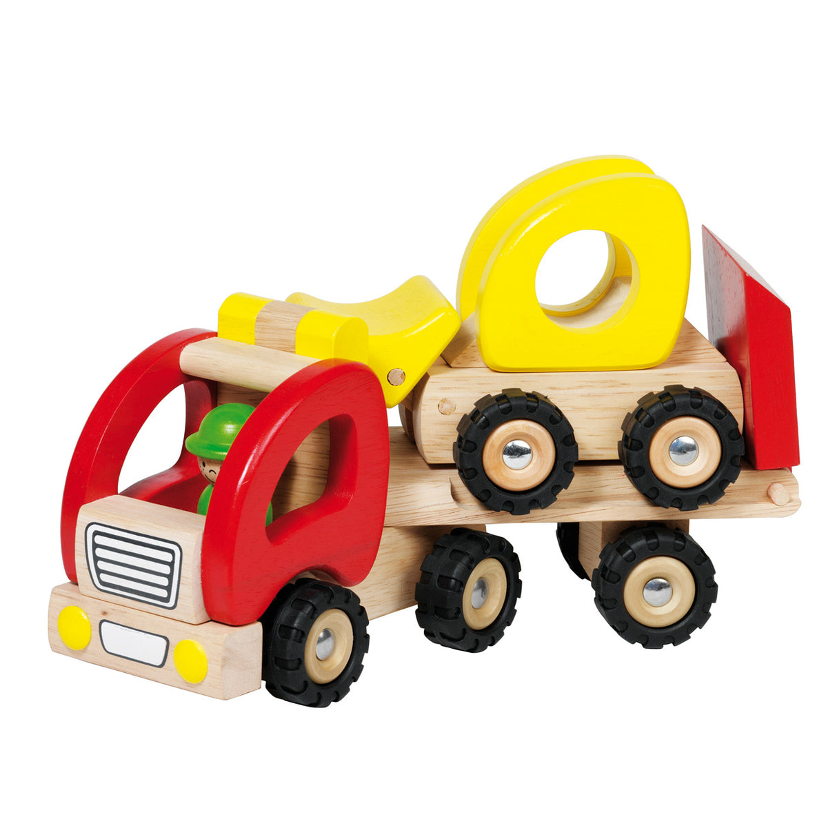 Goki Holzfahrzeug: Sattelauflieger mit Bulldozer 34x8,5x12,5cm, mit Gummireifen, 2+