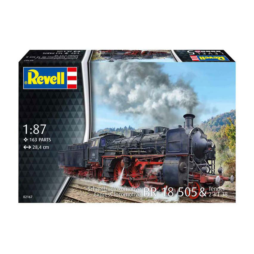 Revell Modellbausatz Militärfahrzeuge – 02167 Baureihe 18 505 – Tender 2’3’ T 38 – Dampflokomotive aus Kunststoff – 1:87 – Modellbau