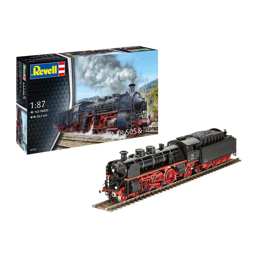 Revell Modellbausatz Militärfahrzeuge – 02167 Baureihe 18 505 – Tender 2’3’ T 38 – Dampflokomotive aus Kunststoff – 1:87 – Modellbau