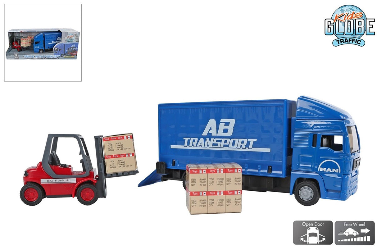 Kinder-Globusmann-LKW mit Gabelstapler. 17cm