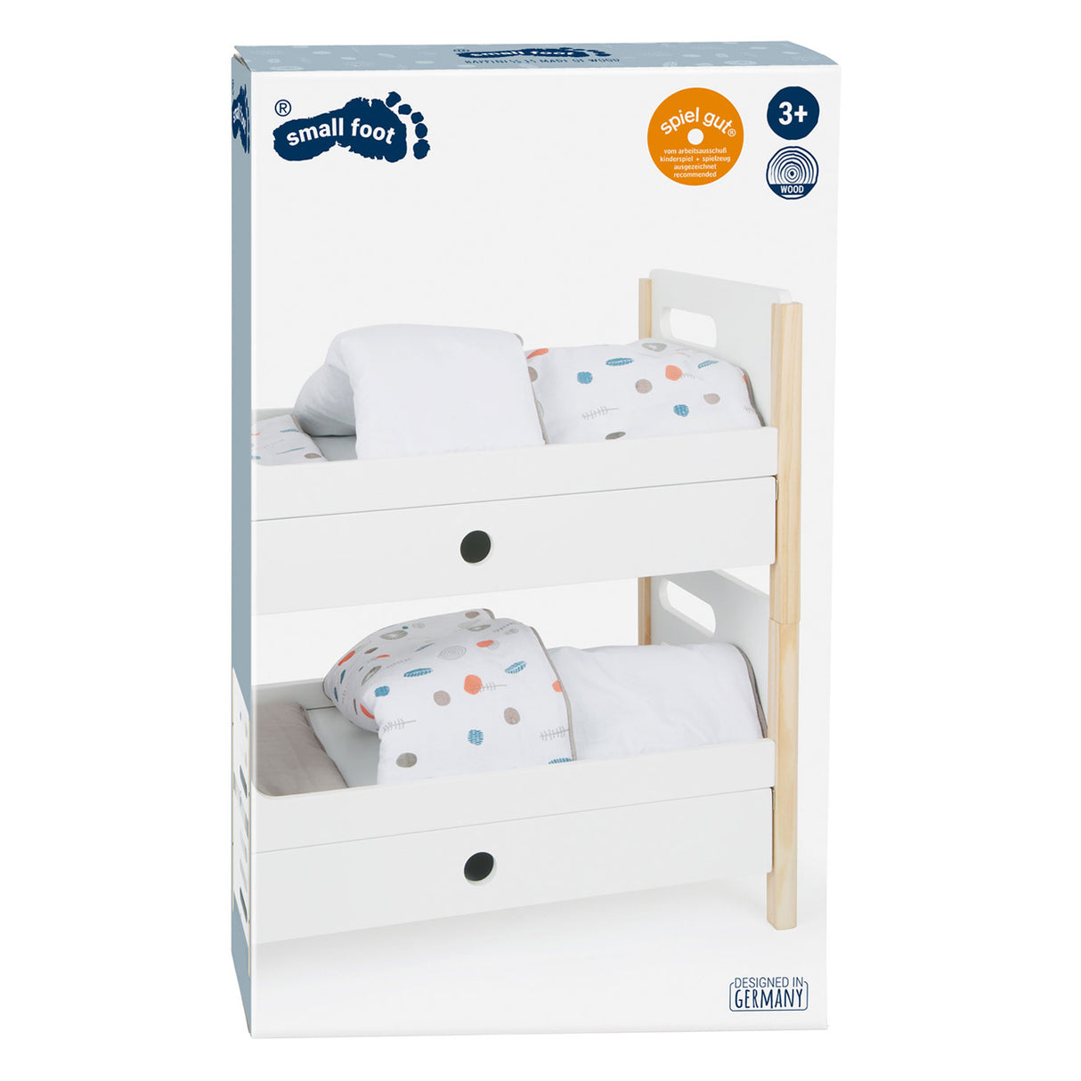 Kleine Fuß Holzpuppe Hochbett Little Knopf mit Bettwäsche, 6dlg.