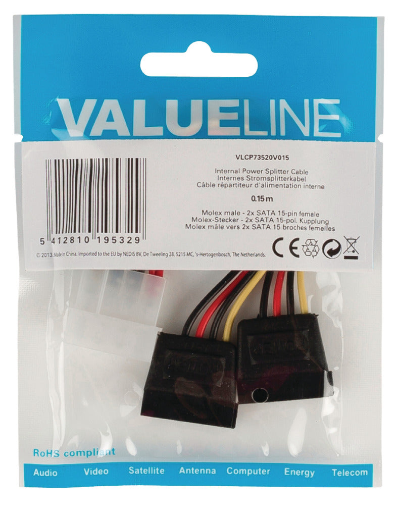 Valueline VLCP73520V015 Internes Stromverteilerkabel, Molex-Stecker – 2 x SATA 15-polige Buchse, 0,15 m, mehrfarbig