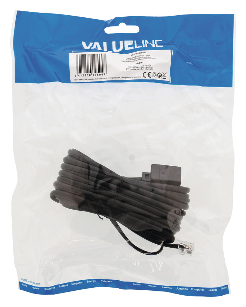 Valueline Valueline VLTP90205B100 Telekommunikations-Verlängerungskabel, RJ11-Stecker, RJ11-Buchse, 10,0 m, Schwarz