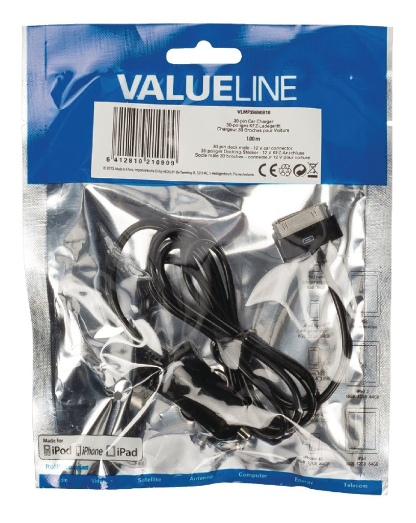 Valueline vlmp39890b10 30-poliges Autoladegerät 30-poliger Dock-Stecker – 12-V-Autoanschluss 1,00 m schwarz 2,1a