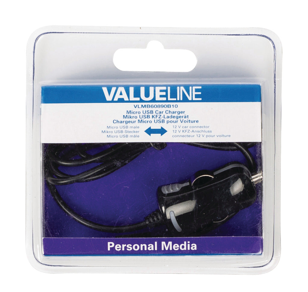 Valueline VLMB60890B10 Micro-USB-Autoladegerät Micro-USB-Stecker – 12 V Autoanschluss 1,00 m schwarz 2,1 A