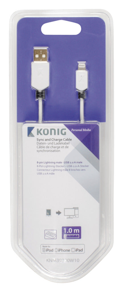 K ouml;nig knm39300w10 Synchronisierungs- und Ladekabel 8-poliger Lightning-Stecker – USB 2.0 A-Stecker 1,00 m weiß