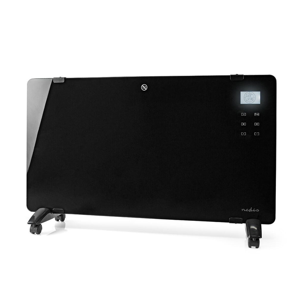 Nedis HTPL20FBK Glasplatten-Konvektorheizung, Thermostat, LCD-Bildschirm, 2 Heizstufen, stehend, Wandmontage, 2000 W, Schwarz