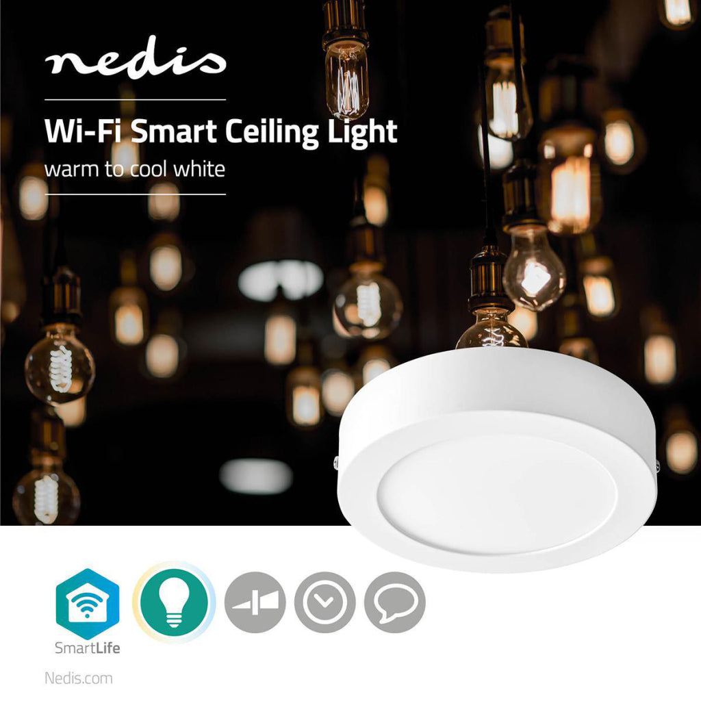 Nedis WIFILAW10WT WLAN-Deckenleuchte, rund, Durchmesser 17 cm, warm bis kaltweiß, 800 lm, 12 W, schlankes Design, Aluminium