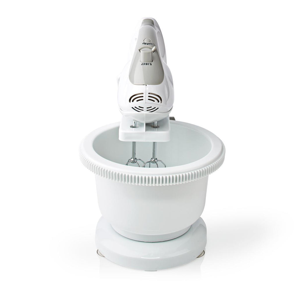 Nedis kahm110cwt Handmixer 200 W, 5-Gang-Turbofunktion, rotierende Schüssel, 2 Knethaken, 2 Rührbesen, grauweiß