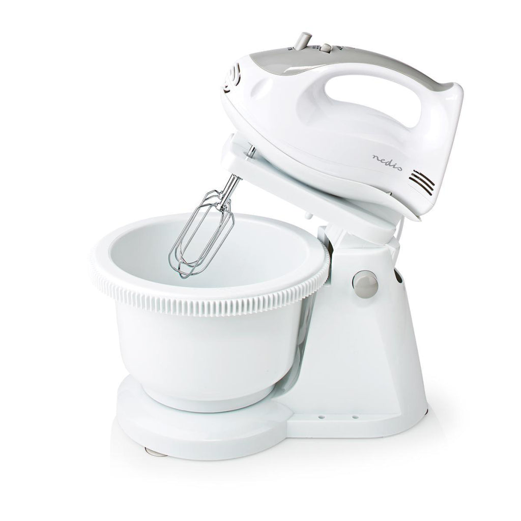 Nedis kahm110cwt Handmixer 200 W, 5-Gang-Turbofunktion, rotierende Schüssel, 2 Knethaken, 2 Rührbesen, grauweiß