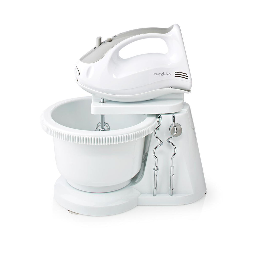 Nedis kahm110cwt Handmixer 200 W, 5-Gang-Turbofunktion, rotierende Schüssel, 2 Knethaken, 2 Rührbesen, grauweiß