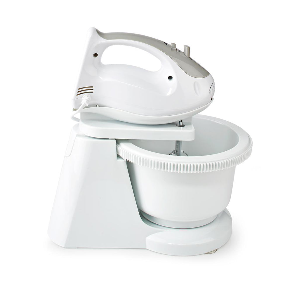 Nedis kahm110cwt Handmixer 200 W, 5-Gang-Turbofunktion, rotierende Schüssel, 2 Knethaken, 2 Rührbesen, grauweiß
