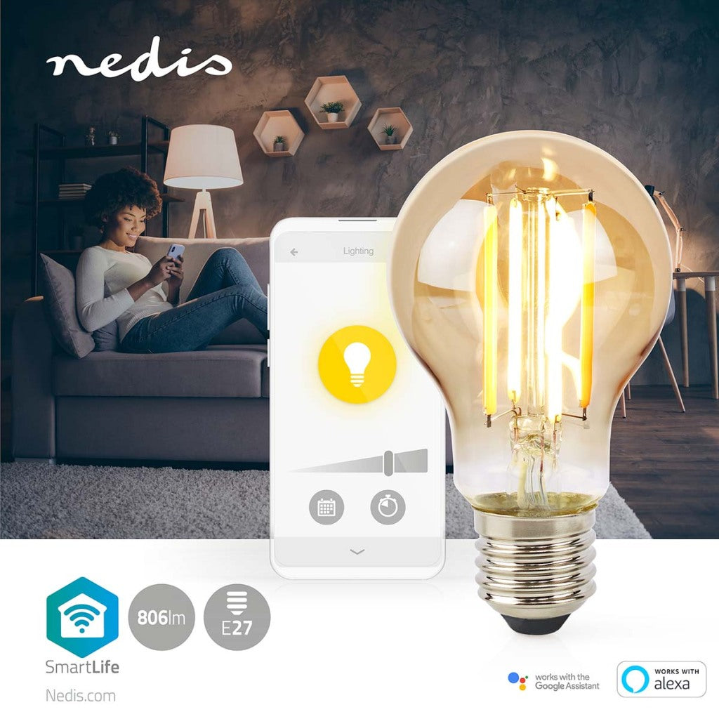 Nedis WiFiLRF10A60 SmartLife LED-Glühlampe, WLAN, E27, 806 lm, 7 W, warmweißes Glas, Android iOS, Birne
