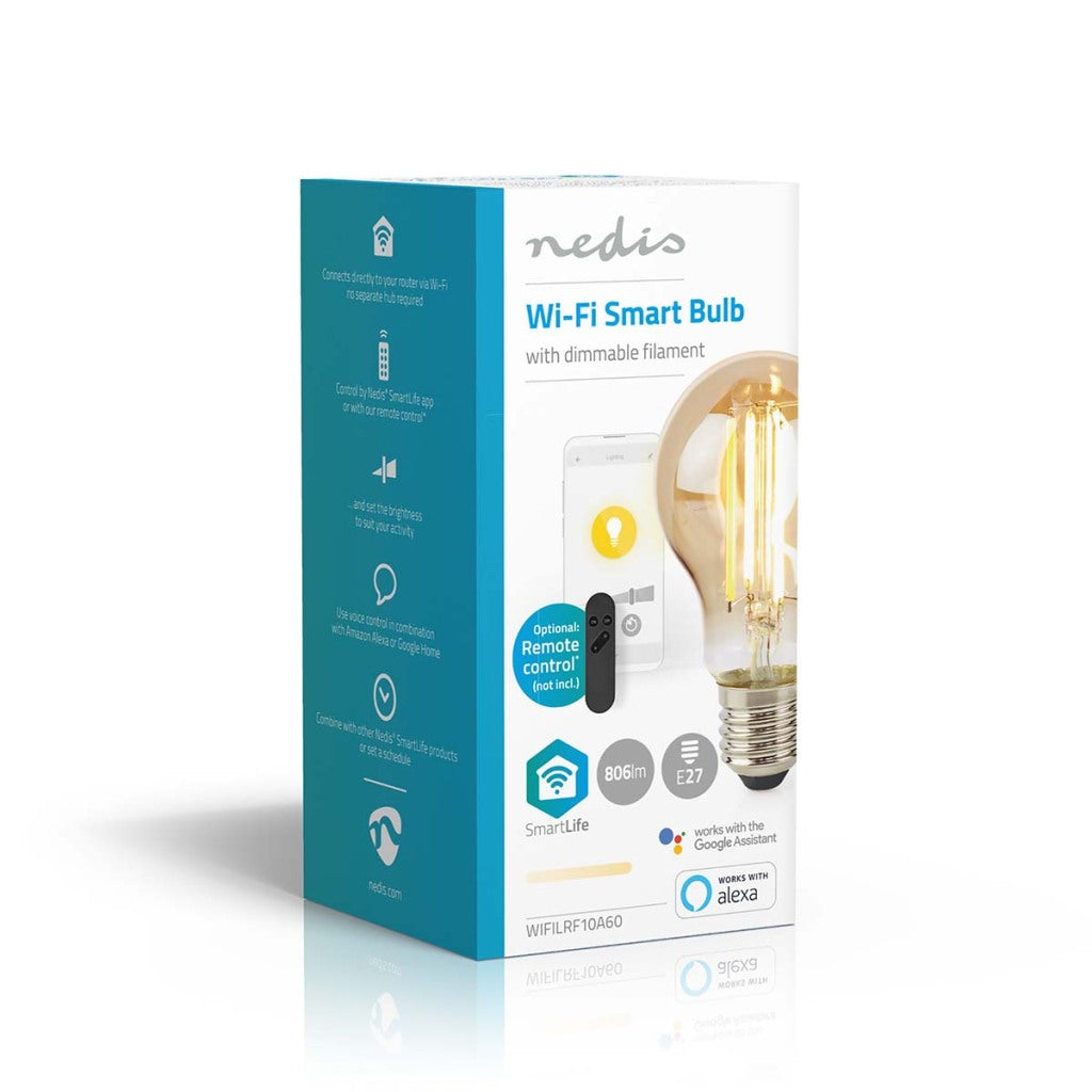 Nedis WiFiLRF10A60 SmartLife LED-Glühlampe, WLAN, E27, 806 lm, 7 W, warmweißes Glas, Android iOS, Birne