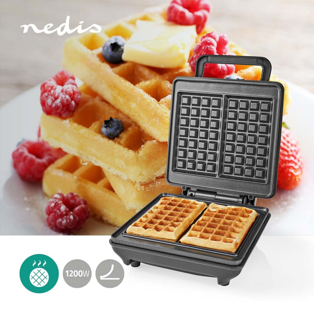 Nedis KAWP210FBK Waffeleisen, belgische Waffeln, 22 x 12,5 cm, 1200 W, automatische Temperaturregelung, Aluminium