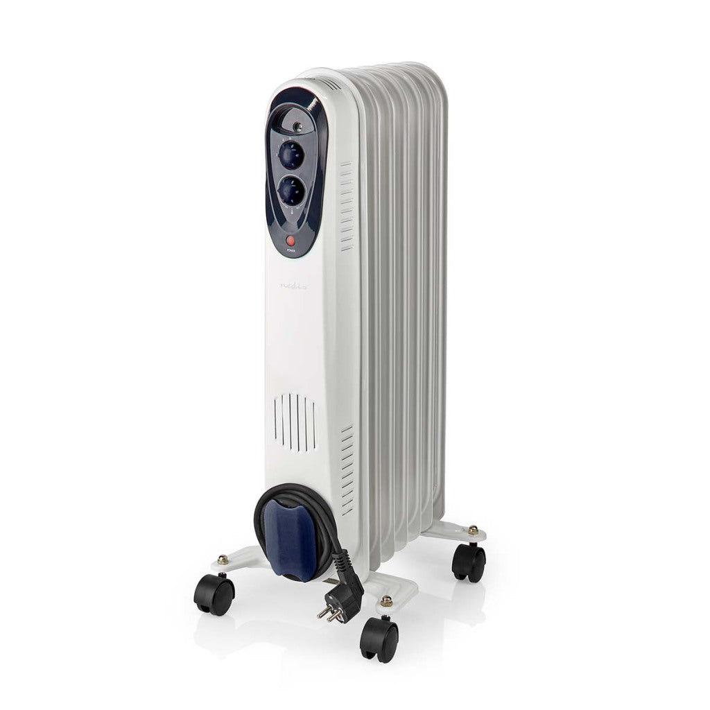 Nedis HToi30WT7 mobiler Ölradiator 600 900 1500 W 7 Lamellen verstellbarer Thermostat 3 Heizstufen Kippschutz weiß